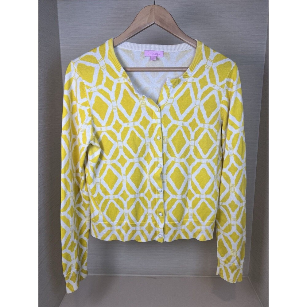 Lilly Pulitzer Yellow Hillary Cardigan Sweater Cropped 3/4 Sleeve Womens Sz L